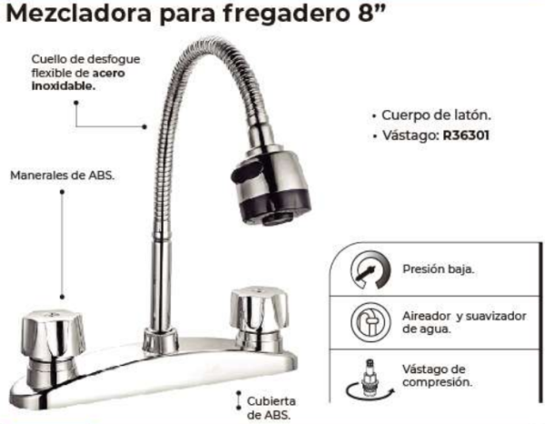 Mezcladora para Fregadero 8” 36196VC - Imagen 2